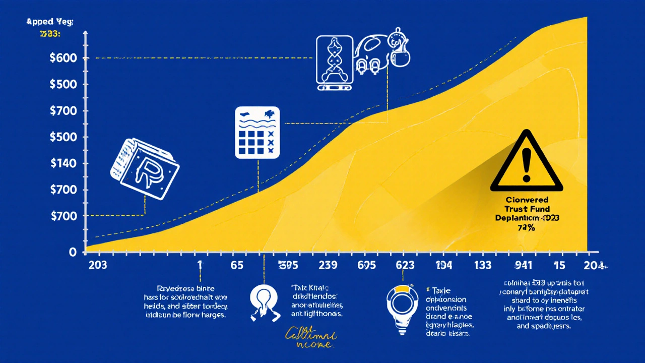 Retirement timeline with glowing Roth conversion window, tax brackets, and trust fund depletion warning at 2033