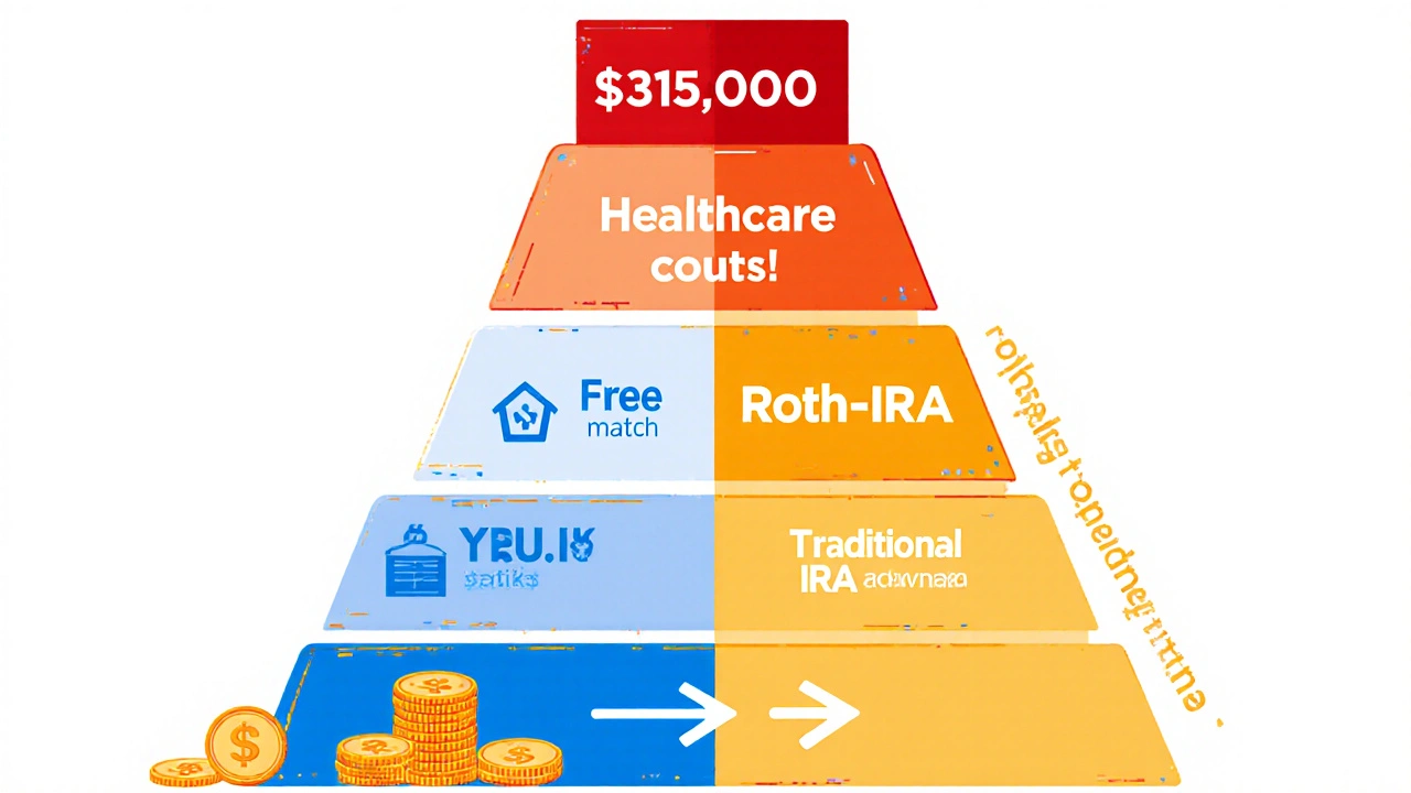 Savings pyramid with 401(k), IRA, and brokerage layers, topped by healthcare costs as a large red block.