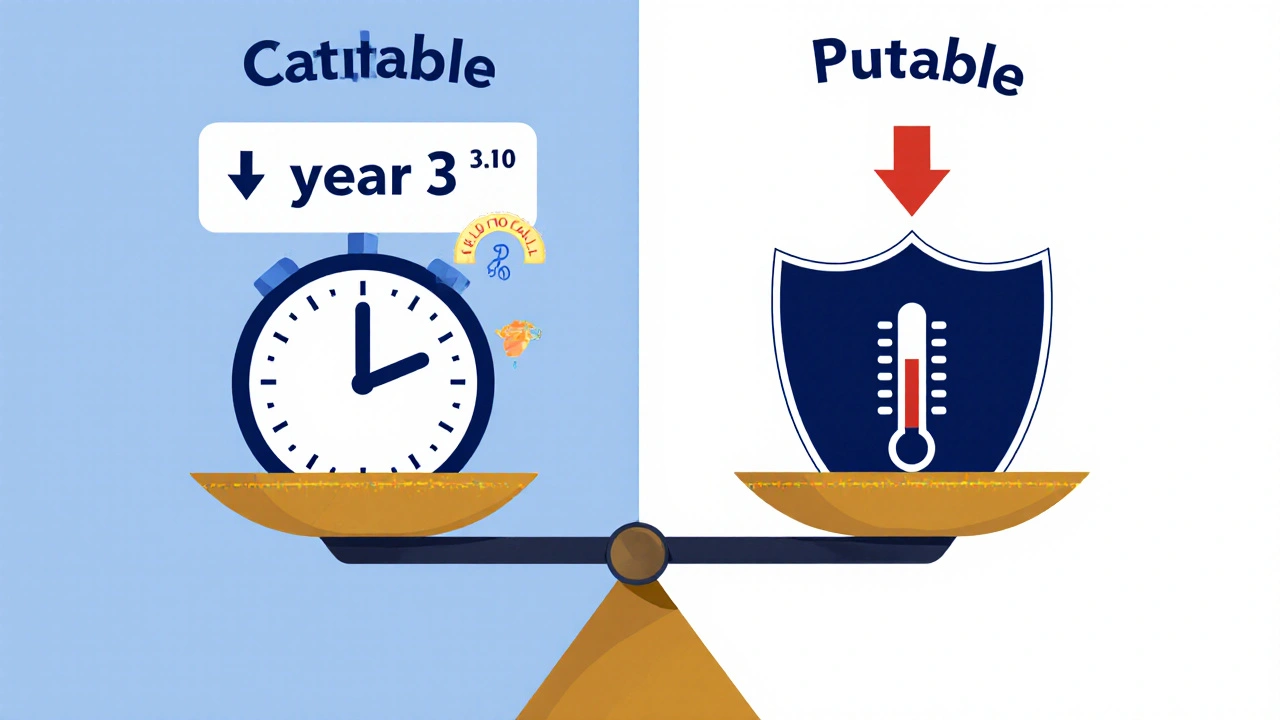 Side-by-side comparison of callable bond risk and putable bond protection in financial terms.