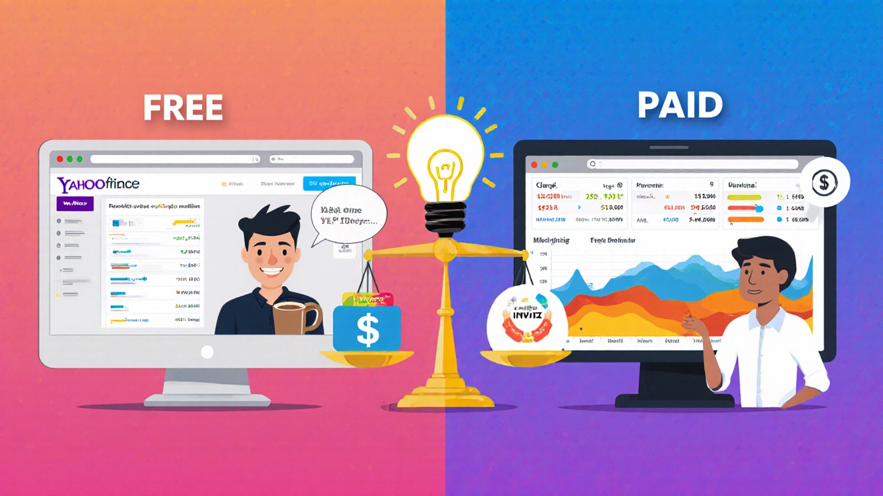 Side-by-side comparison of free and paid investment tools with a user transitioning from casual to confident.
