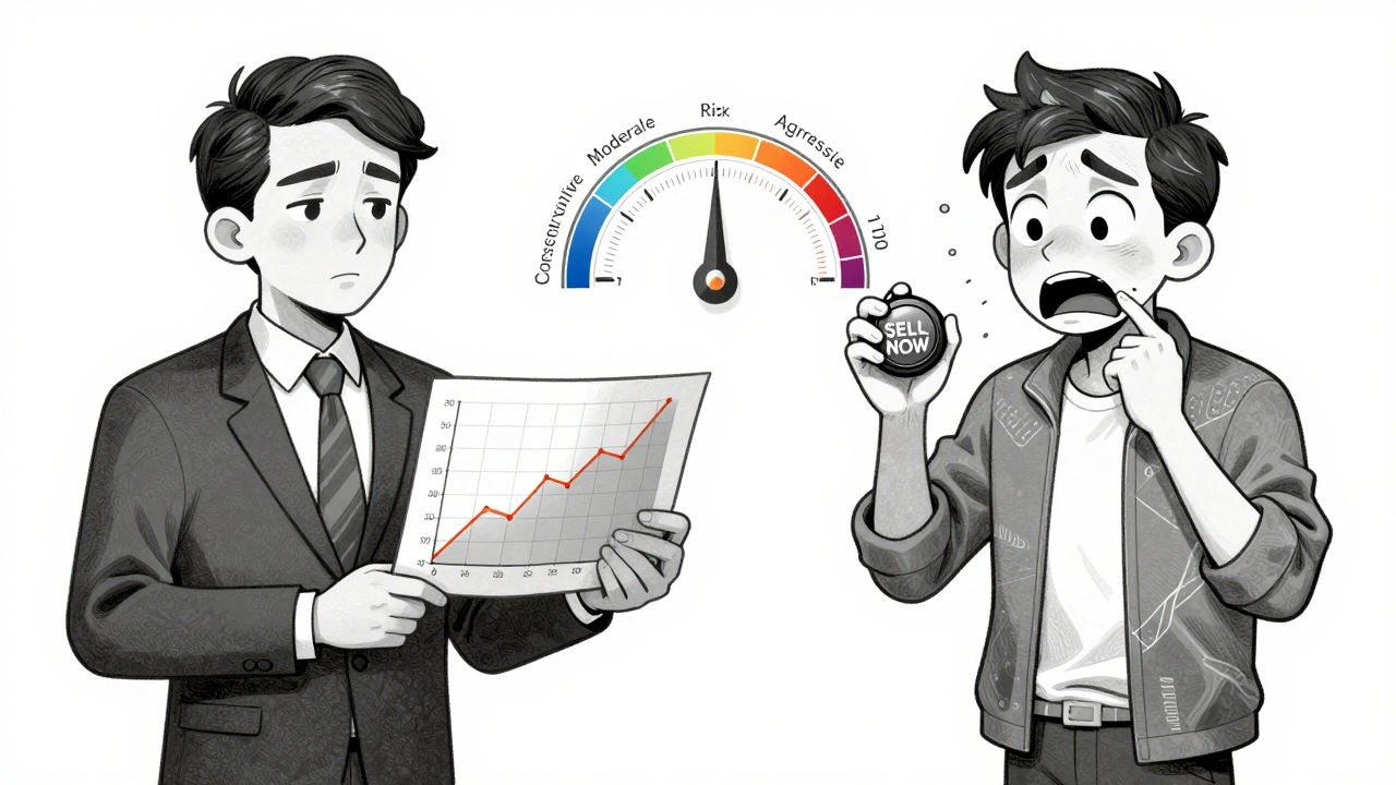 Split-personality figure representing calm investor vs. panicked investor with risk score dial between them.