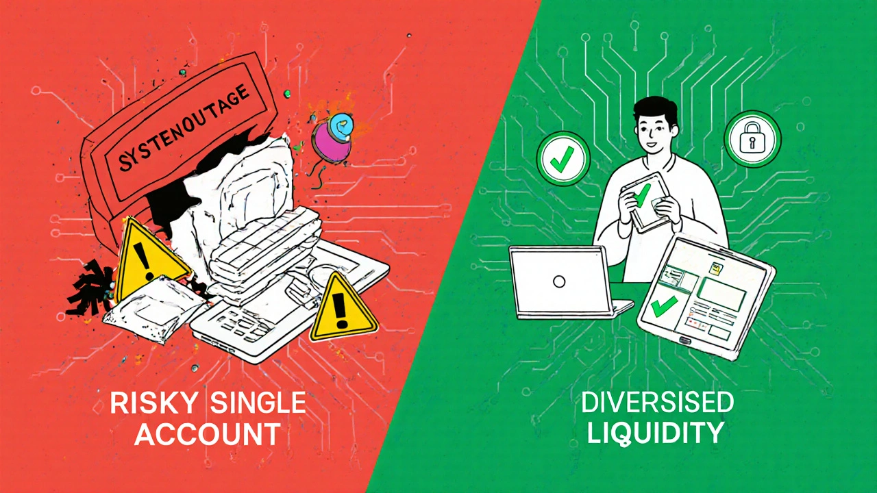 Split scene comparing single-bank risk to diversified liquidity access during a financial crisis.