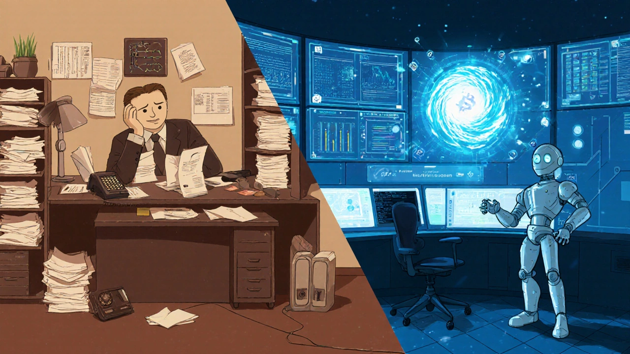 Split scene: old paper-based insurance office vs. digital control room with AI processing claims instantly.