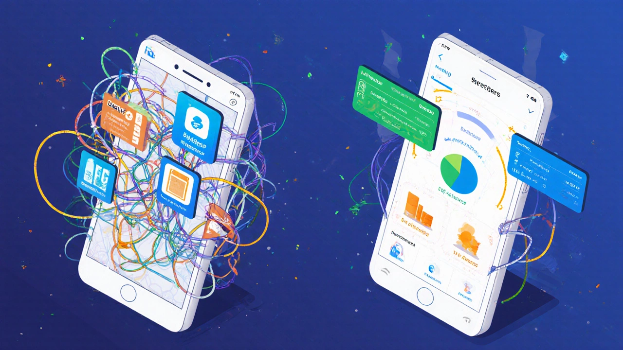 Split-screen comparison: chaotic multiple finance apps vs. one streamlined super app interface.
