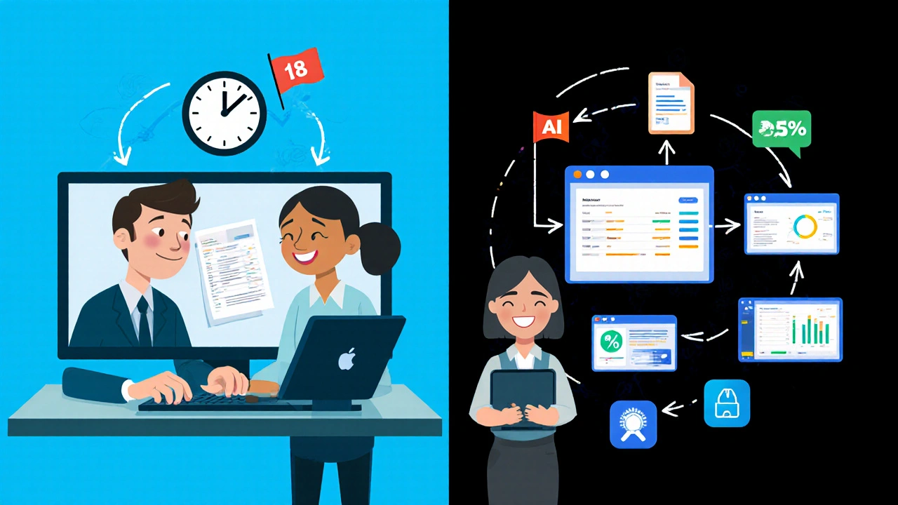 Split-screen comparison: manual invoice processing taking 18 days vs. automated system completing in 3.5 days with real-time insights.
