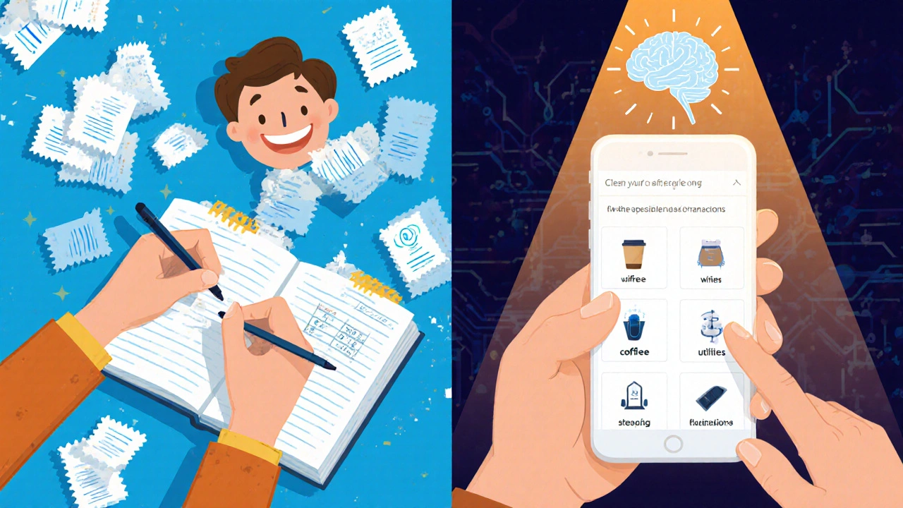 Split-screen: messy manual budgeting vs. clean automatic categorization on a phone with AI analyzing spending patterns.