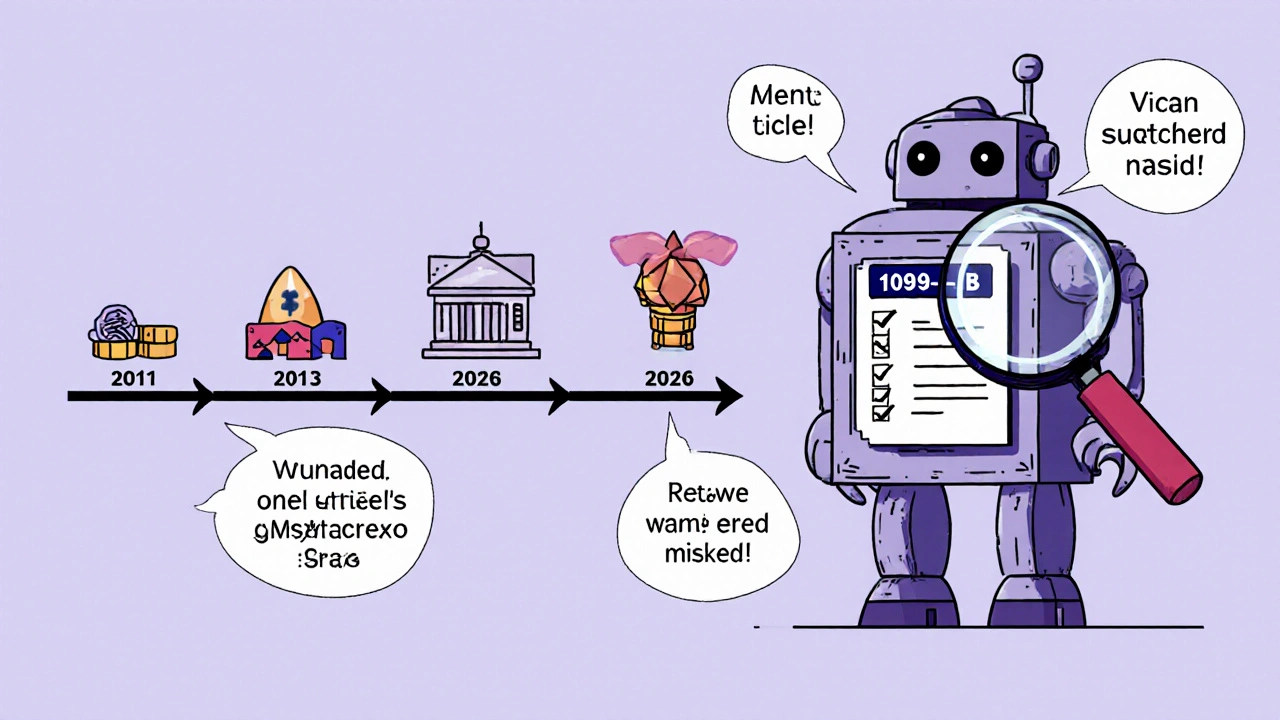 Timeline showing IRS expanding 1099-B reporting to include crypto by 2026, with audit robot scanning records.