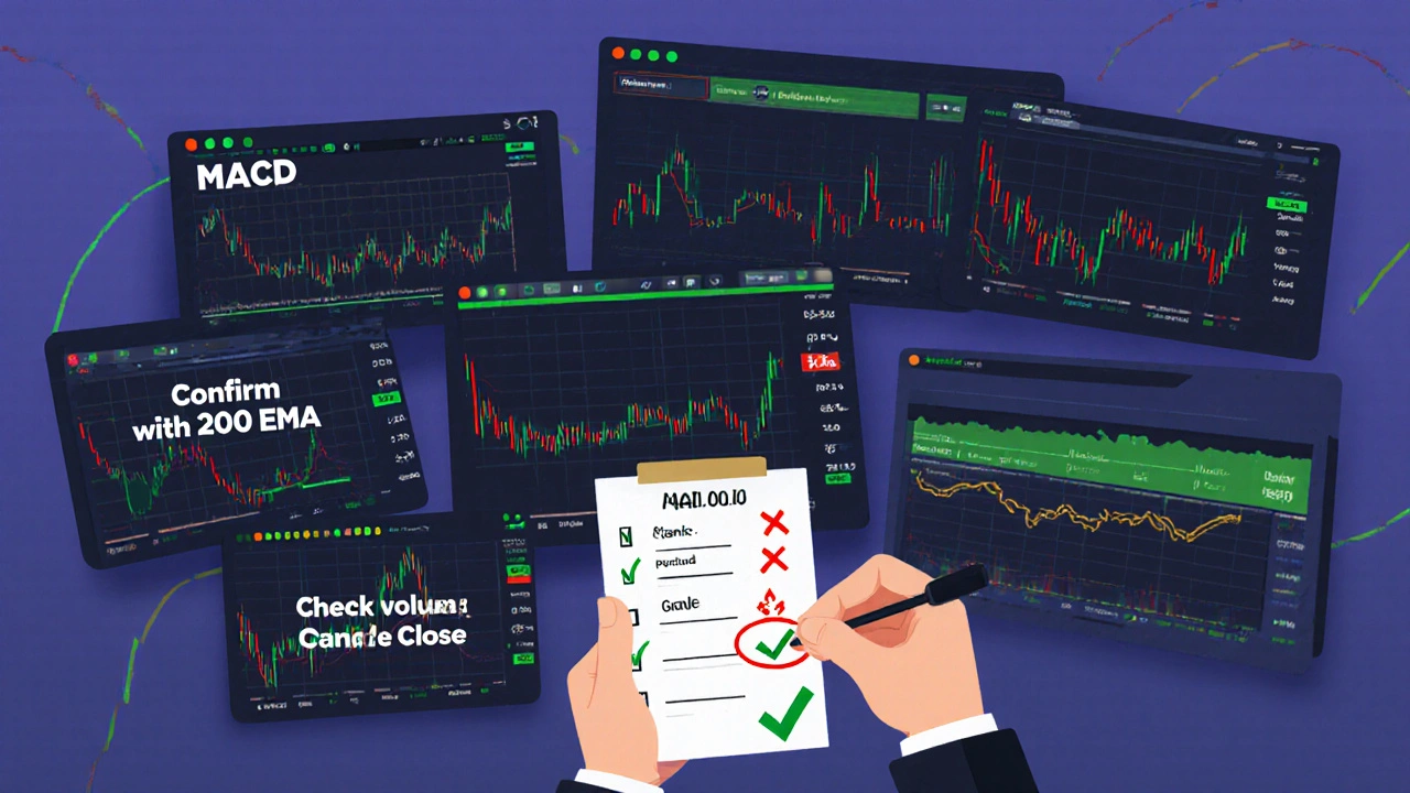 Trader&#039;s dashboard with multiple platforms displaying customized MACD settings and a confluence checklist.