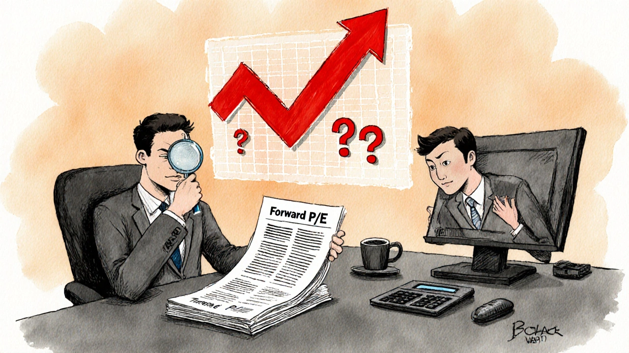 Two investors at a desk, one reviewing financial reports, the other watching a flickering earnings forecast with warning signs.