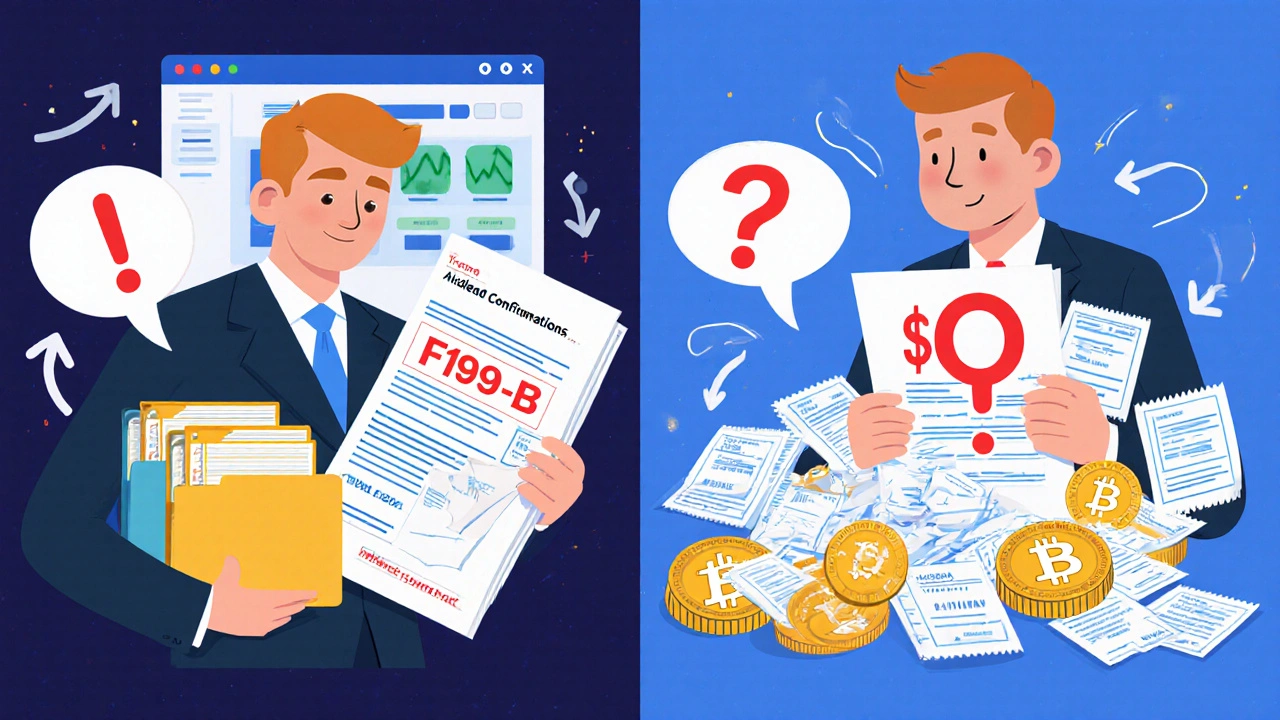 Two investors comparing organized records vs. chaotic paperwork, with broker portal and crypto receipts in background.