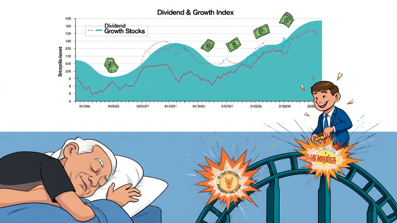 Two side-by-side charts: one calm for dividends, one volatile for growth stocks with investor reactions.