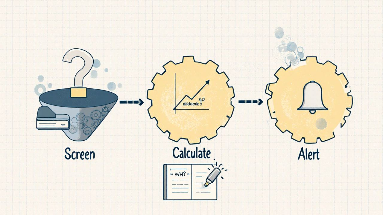 Visual journey map showing how screening, calculating, and alerting lead to informed investing decisions.