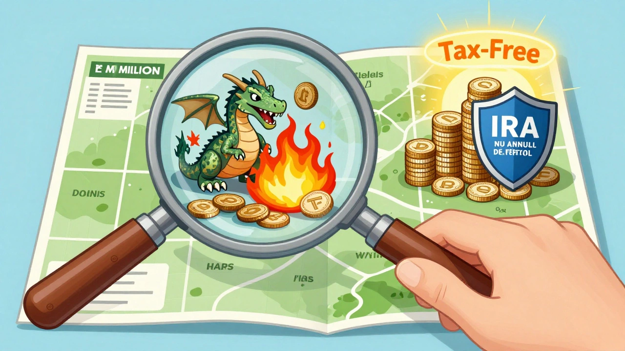 A magnifying glass revealing tax dragons attacking bonds in taxable accounts, while shielded bonds in an IRA grow peacefully.