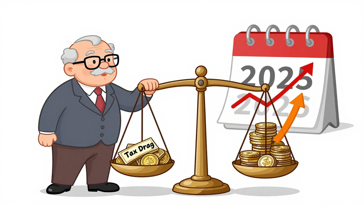 A retiree balancing tax drag against tax-efficient assets, with rising tax rates in the background as the calendar turns to 2026.