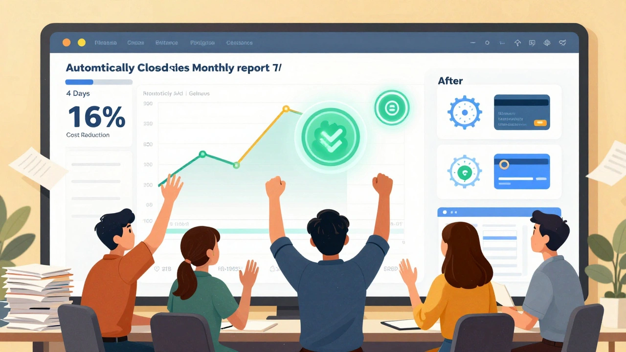 Finance team celebrating automated expense close with cost savings and carbon reduction metrics