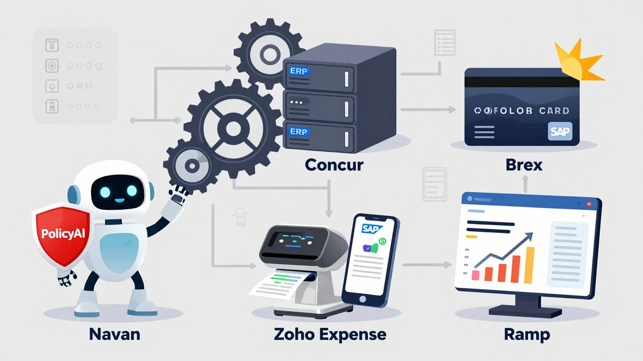 Five travel expense platforms illustrated as distinct mechanical characters with unique features