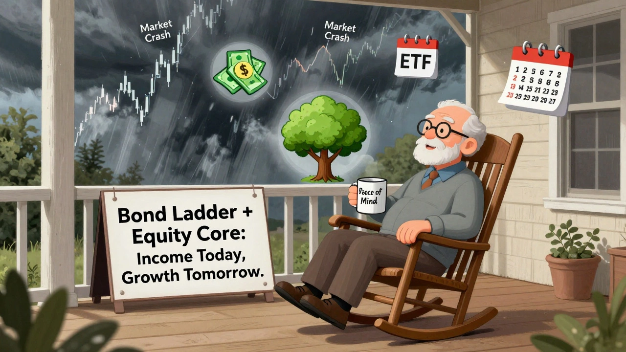 Retiree relaxed on a porch while market storms rage nearby, surrounded by icons of bond income and equity growth.