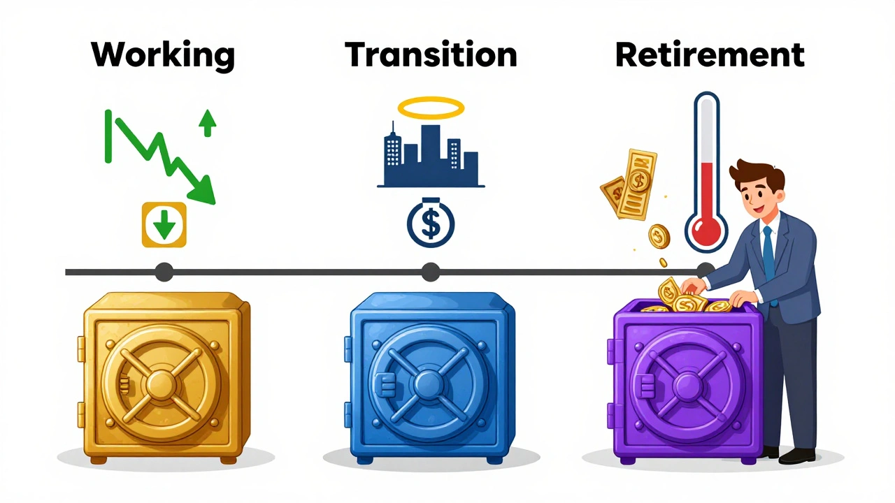 Retirement timeline showing investor withdrawing from three colored vaults, with tax-loss and municipal bond icons nearby.