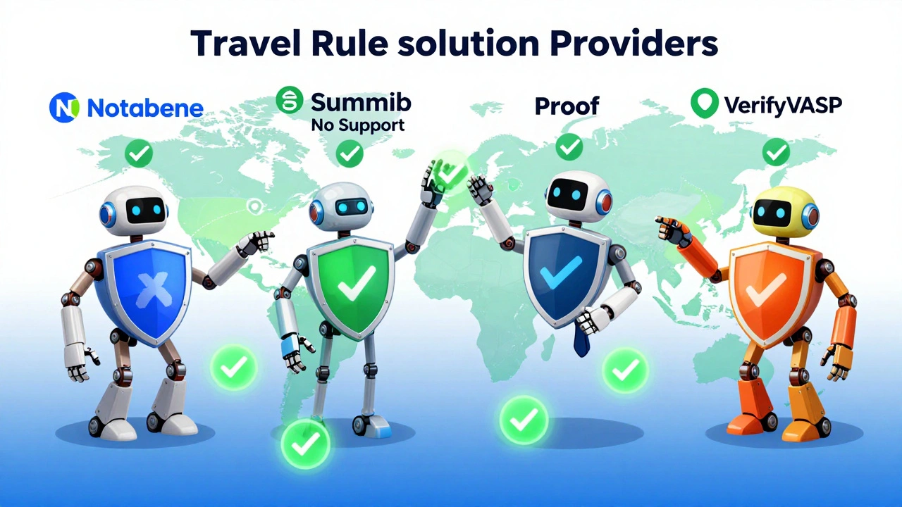 Robotic arms from four compliance providers connecting to global VASPs, with one failing to link to TRISA.