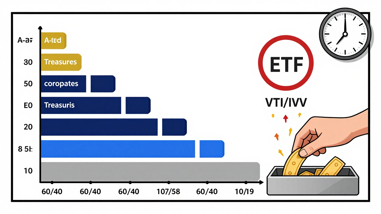 Split portfolio illustration showing bond maturities on one side and ETF dividends on the other, with quarterly rebalancing arrows.