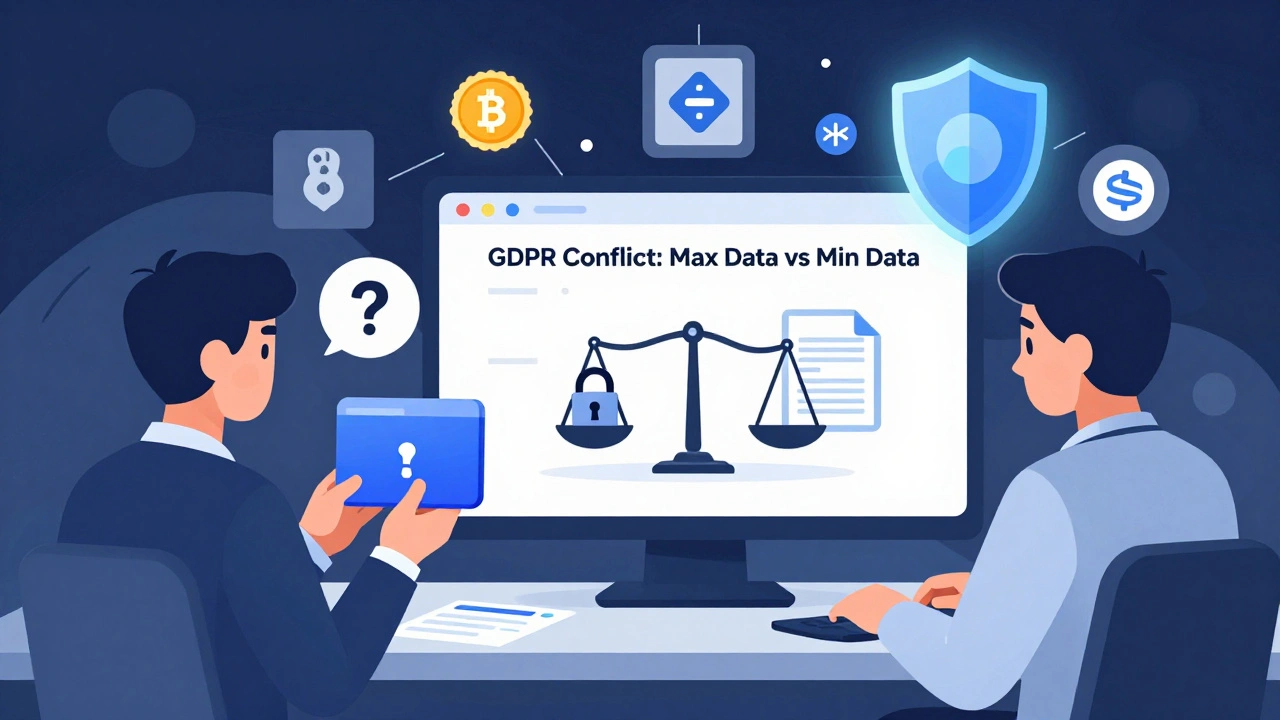 Split scene of unhosted wallet transfer conflict with GDPR compliance challenges on a crypto exchange screen.