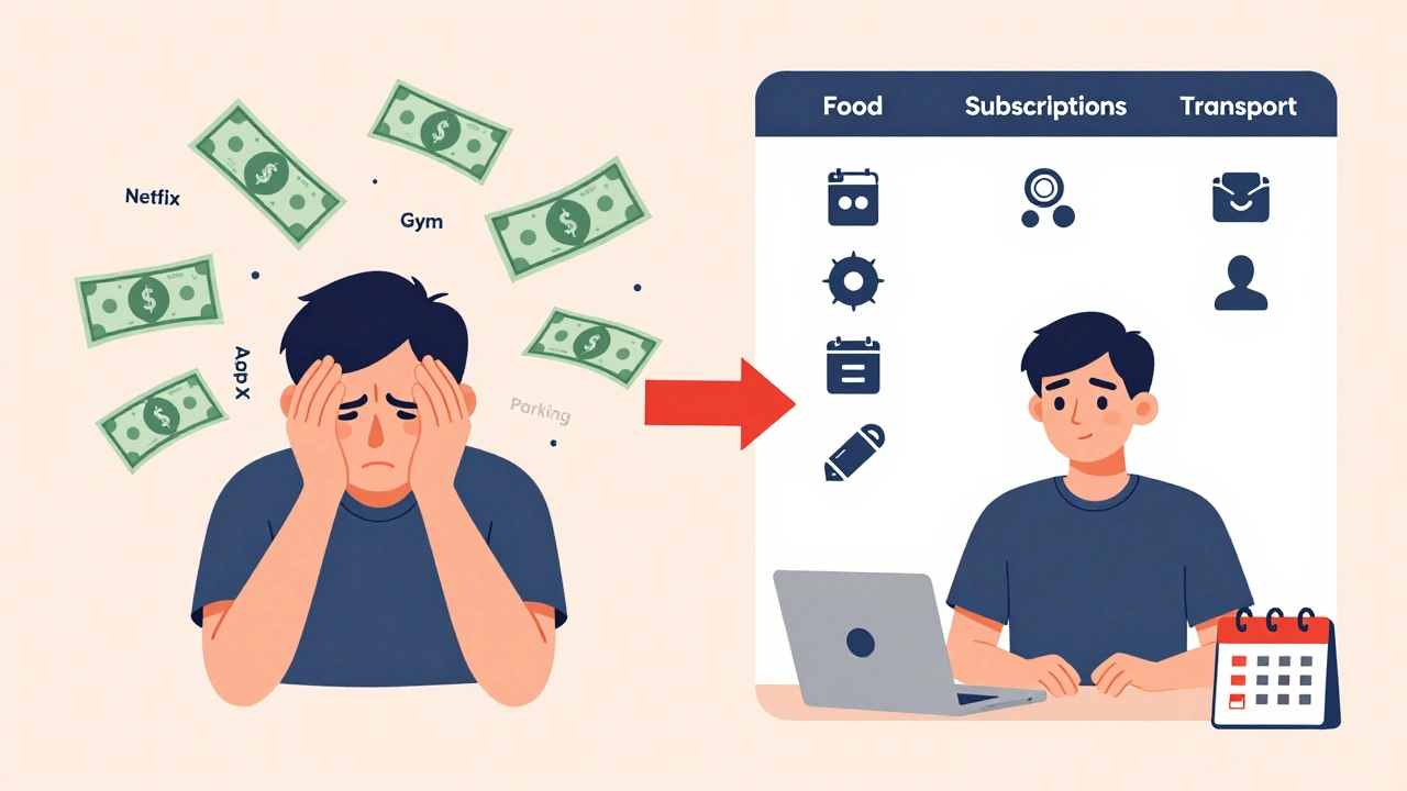 Split-screen showing chaotic spending on left, organized categories on right, illustrating financial clarity.