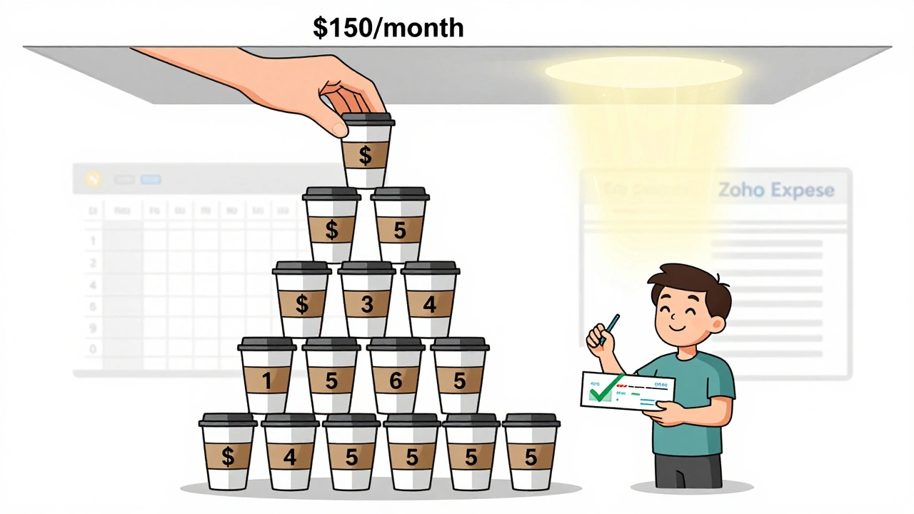Stack of coffee cups forming a 0/month pyramid, with person holding canceled subscription and light of control above.