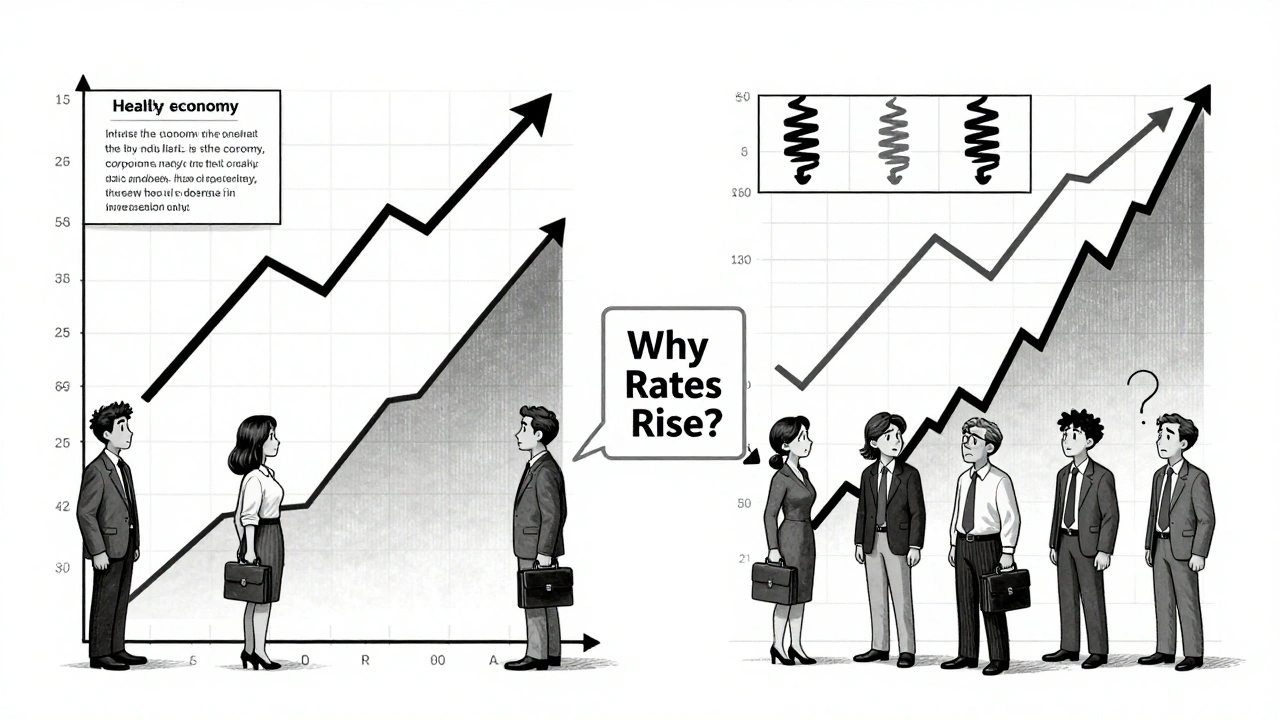 Two economic scenarios: healthy growth vs. stagflation, showing how rate changes affect investor behavior.