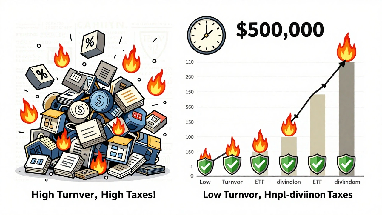 Two portfolios side by side: one chaotic with tax fires, one calm with shields, showing tax efficiency over time.