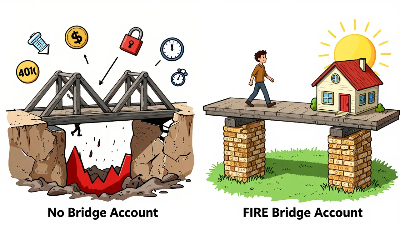 A crumbling bridge vs. a sturdy financial bridge showing consequences of skipping retirement planning.