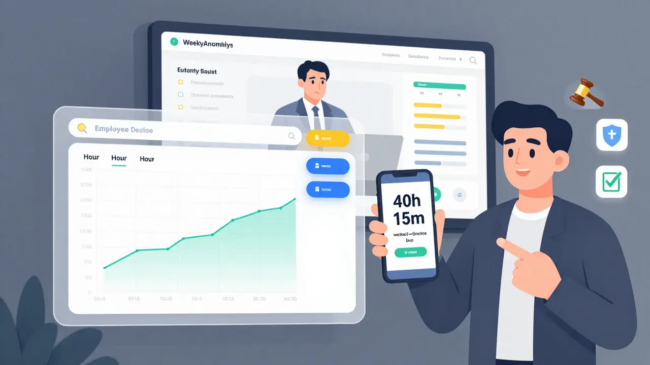 Employee viewing time log on phone with overtime flagged, while manager reviews weekly data on screen.