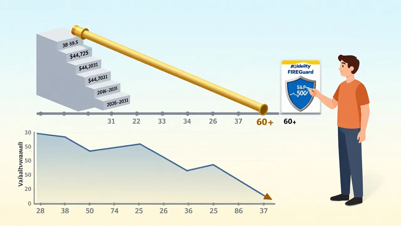 Timeline from age 38 to 85 showing Roth conversions, annuity income, and variable withdrawals protecting against market drops.