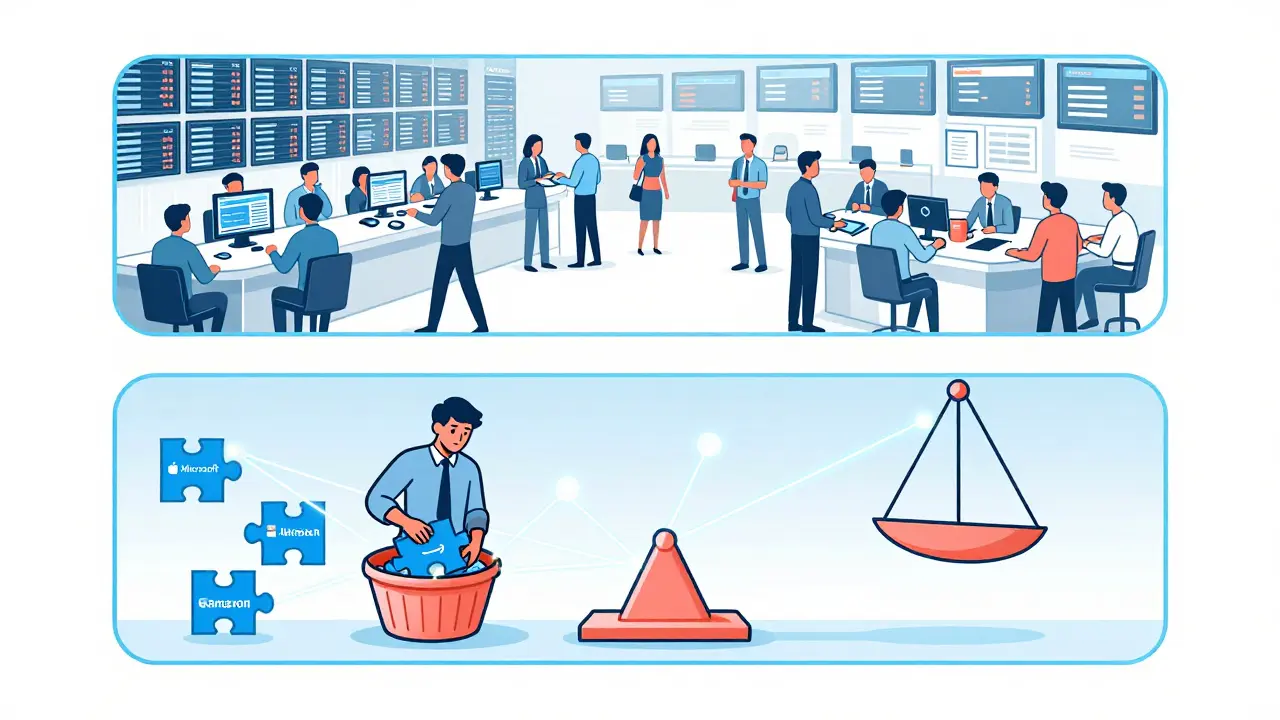 Two-layered ETF system: retail traders above, Authorized Participants assembling underlying stocks below with glowing connections.